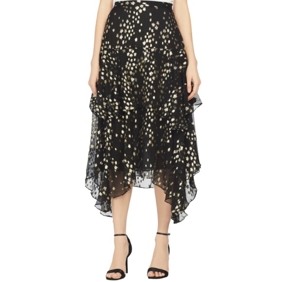 NWOT LoveShackFancy Alex Tiered Silk Skirt Black and Metallic Gold Stars Size 0